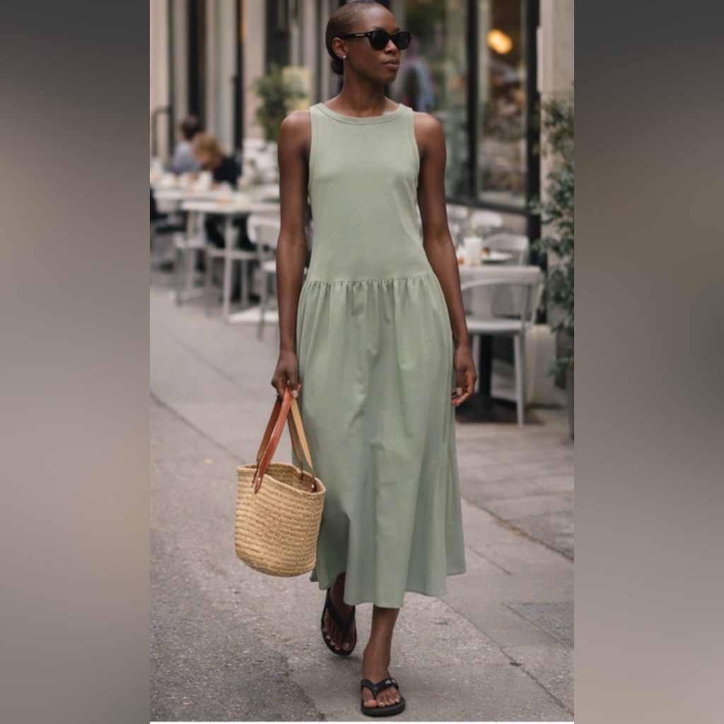 Nwt Cos Contrast Panel Cotton Sleeveless Sage Green Maxi Dress Size L